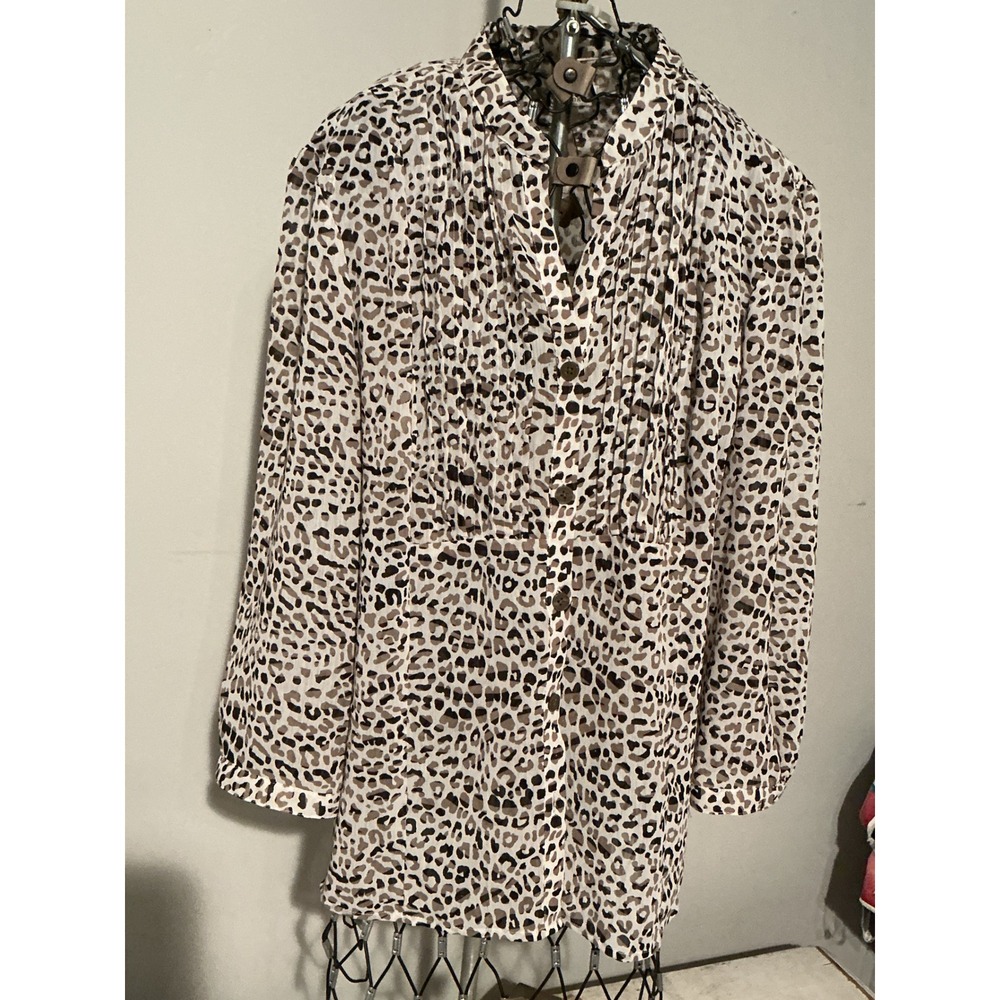 Christopher & Banks Leopard‎ Print Pleated Bib Button Up Blouse Womens Large Tan